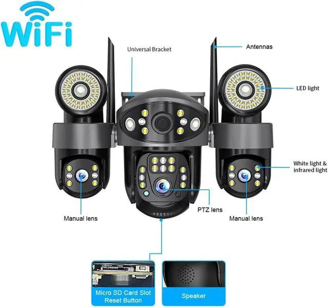 Alt view image 6 of 6 - 6MP Three Lens WiFi PTZ Security Cam Floodlight Night Vision Surveillance(US_WiFi)
