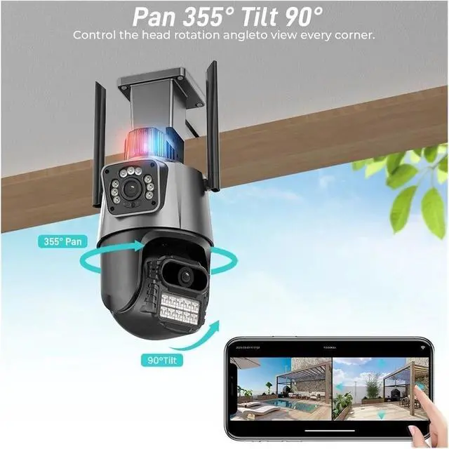 Alt view image 3 of 7 - 12MP 6K Three Lens Dual Screen PTZ Surveillance Device, 8X Zoom Auto Tracking Outdoor WiFi Home Security Cam(8MP NO SD Card)