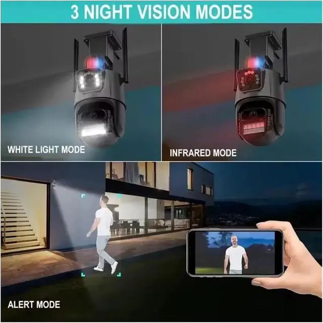 Alt view image 6 of 7 - 12MP 6K Three Lens Dual Screen PTZ Surveillance Device, 8X Zoom Auto Tracking Outdoor WiFi Home Security Cam(8MP NO SD Card)