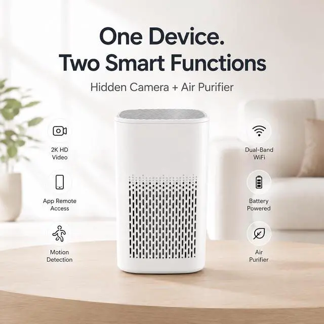 Alt view image 2 of 7 - 2K Hidden Camera Air Purifier Design, Indoor WiFi Security Camera with Motion Detection, App Remote Viewing, Dual-Band 2.4G/5G, Battery Powered Nanny Cam for Home Monitoring