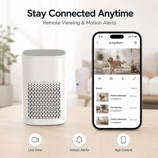 Alt view image 3 of 7 - 2K Hidden Camera Air Purifier Design, Indoor WiFi Security Camera with Motion Detection, App Remote Viewing, Dual-Band 2.4G/5G, Battery Powered Nanny Cam for Home Monitoring