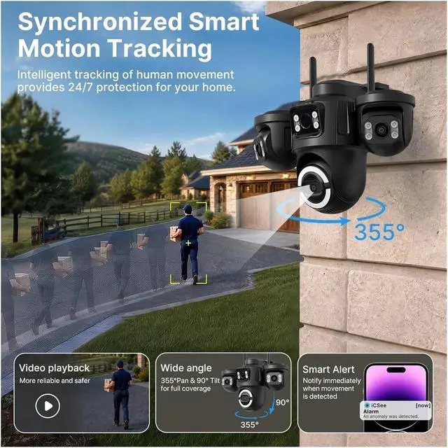 Alt view image 5 of 7 - WiFi IP Camera Outdoor Three Screen Home Security PTZ Camera CCTV Surveillance AI Human Detection Monitor(EU Plug)