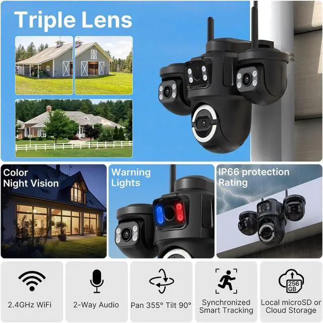 Alt view image 3 of 7 - WiFi IP Camera Outdoor Three Screen Home Security PTZ Camera CCTV Surveillance AI Human Detection Monitor(EU Plug)