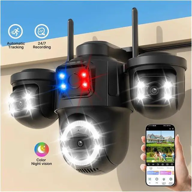 Alt view image 2 of 7 - WiFi IP Camera Outdoor Three Screen Home Security PTZ Camera CCTV Surveillance AI Human Detection Monitor(EU Plug)