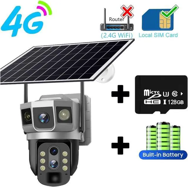 Alt view image 2 of 6 - 3 Lens 4G SIM Solar Camera 12MP Built in Battery Solar Power Waterproof Outdoor 6K Night Vision Smart Home Security Protection(4G Camera Add 128G)