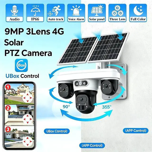 Alt view image 2 of 7 - 9MP Solar Powered 4G LTE Security Camera Outdoor, 3 Lens 3 Screen Pan Tilt Camera, 24/7 Continuous Recording, Smart Motion Alert, IP66 Waterproof, Warehouse Courtyard Surveillance Camera 2