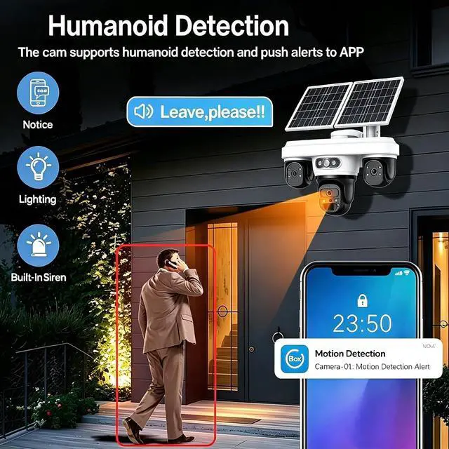 Alt view image 5 of 7 - 9MP Solar Powered 4G LTE Security Camera Outdoor, 3 Lens 3 Screen Pan Tilt Camera, 24/7 Continuous Recording, Smart Motion Alert, IP66 Waterproof, Warehouse Courtyard Surveillance Camera 2