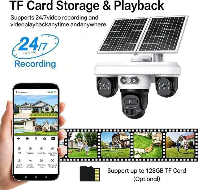 Alt view image 6 of 7 - 9MP Solar Powered 4G LTE Security Camera Outdoor, 3 Lens 3 Screen Pan Tilt Camera, 24/7 Continuous Recording, Smart Motion Alert, IP66 Waterproof, Warehouse Courtyard Surveillance Camera 2