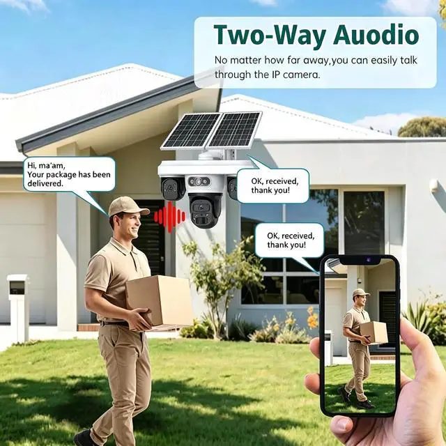 Alt view image 7 of 7 - 9MP Solar Powered 4G LTE Security Camera Outdoor, 3 Lens 3 Screen Pan Tilt Camera, 24/7 Continuous Recording, Smart Motion Alert, IP66 Waterproof, Warehouse Courtyard Surveillance Camera 2