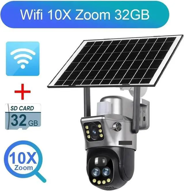 Alt view image 2 of 7 - 6K 12MP 10X Zoom 4G Solar Camera Outdoor WiFi PTZ Dual Screen Red Blue Light Alarm Auto Tracking Surveillance Cameras(WiFi 10xZoom 32G)