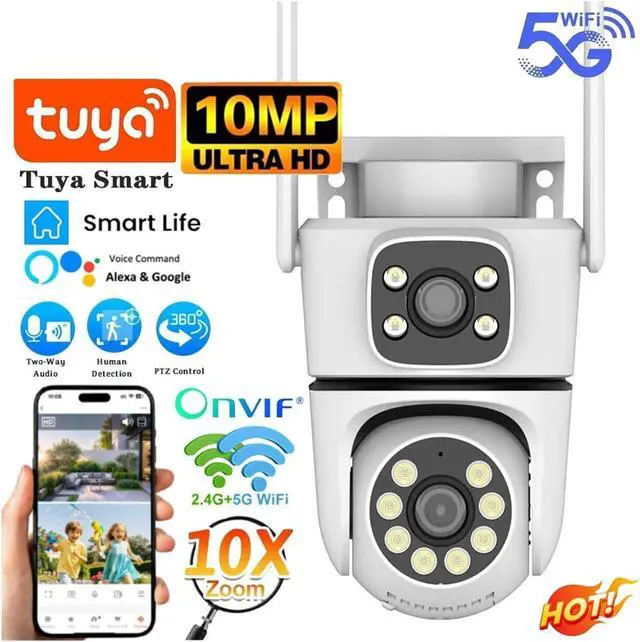 Alt view image 2 of 7 - 10MP 4K Dual Lens Outdoor PTZ Security Cam Dual Band WiFi Color Night Vision Surveillance Camera(UK,10MP with 32G Card)
