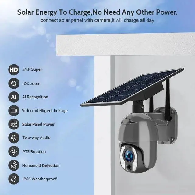 Alt view image 6 of 7 - 5MP Solar PTZ Security Camera, 10X Optical Zoom, 355° Pan 100° Tilt, Color Night Vision, IP66, AI Detection, 2-Way Audio, Solar Powered Outdoor Camera for UBOX