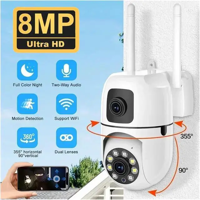 Alt view image 3 of 7 - 8MP Dual Lens Dual Screen WiFi IP Security Camera, Auto Tracking 8X Digital Zoom Wireless CCTV Cam with Full Color Night Vision