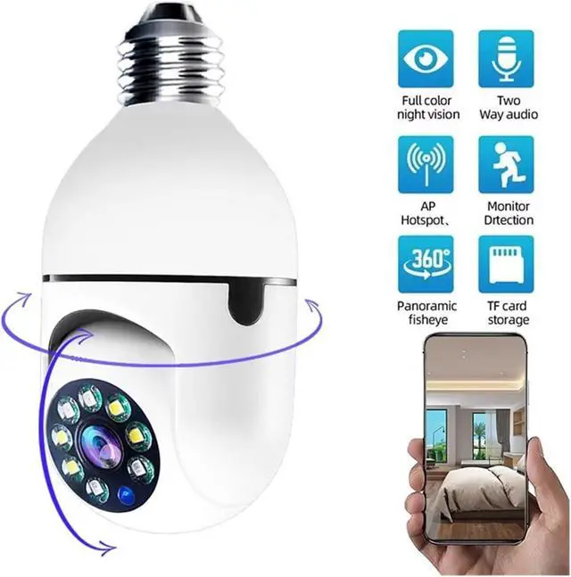 Alt view image 3 of 7 - 8MP E27 Bulb WiFi Security Camera, Dual Lens 8X Digital Zoom, Auto Human Tracking Two-Way Audio Indoor Surveillance Cam with Full Color Night Vision