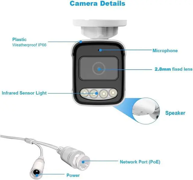 Alt view image 7 of 7 - CCTV PoE IP Security Camera Outdoors Waterproof Two-Way Audio Color Night Vision 4K 8MP 5MP 4MP Surveillance Camera for Options(6mm,4K 8MP_POE48V_White)