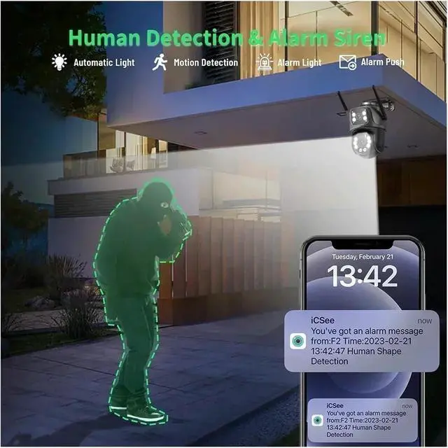 Alt view image 6 of 7 - 4K Dual-Lens Outdoor PTZ Camera with AI Auto Tracking, 8MP HD Wi-Fi IP CCTV, Dual Screen, Two-Way Audio, ICSee P2P(8MP Add 128G Card)