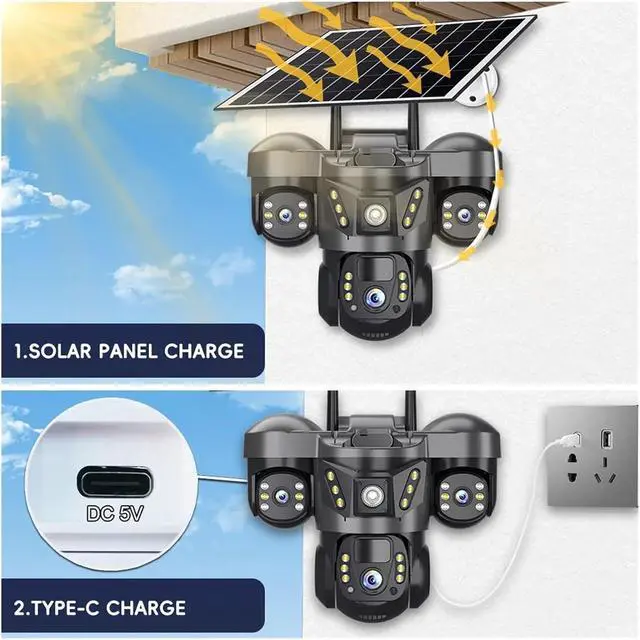 Alt view image 3 of 6 - 3 Lens 4G Solar Camera HD 15MP 8K Outdoor PTZ Waterproof Night Vision Two-Way Audio V380 Camera Mobile Tracking CCTV IP Camera(4G Camera 128G)