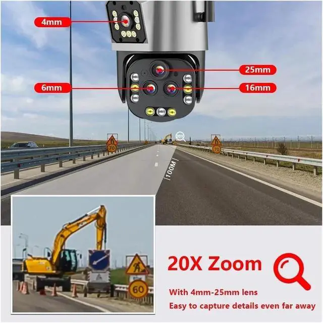Alt view image 3 of 7 - IPC360 Home 8K 16MP 20X Zoom WiFi IP PTZ Camera AI Auto Tracking Color Night Vision 4 Lens 3 Screens CCTV Surveillance Camera(AU Plug,8K 20X with 64G SD)