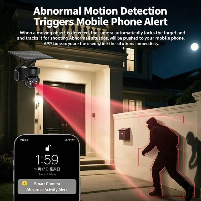 Alt view image 6 of 7 - 3MP Solar PTZ Dome Security Camera, 4G LTE & WiFi Dual Mode, 5W Solar Panel Built-in 9600mAh IP66 Waterproof,30m Dual Light Color Night Vision, Auto Human Tracking, 2-Way Audio, PIR Motion Alarm1