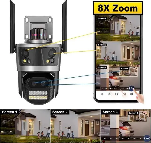 Alt view image 3 of 7 - Upgrade Your Outdoor Surveillance with 16MP 8K WiFi IP Camera! PTZ, Four Lens, Four Screen, Auto Tracking(AU Plug,8MP Add 128G)