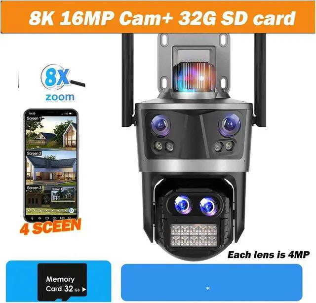 Alt view image 2 of 7 - Upgrade Your Outdoor Surveillance with 16MP 8K WiFi IP Camera! PTZ, Four Lens, Four Screen, Auto Tracking(EU Plug,16MP 8K Add 32G)