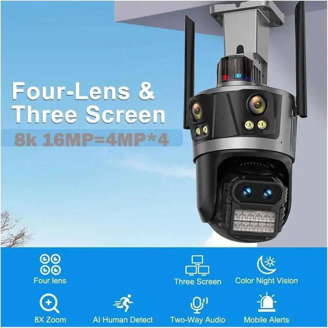 Alt view image 5 of 7 - Upgrade Your Outdoor Surveillance with 16MP 8K WiFi IP Camera! PTZ, Four Lens, Four Screen, Auto Tracking(AU Plug,8MP Add 128G)