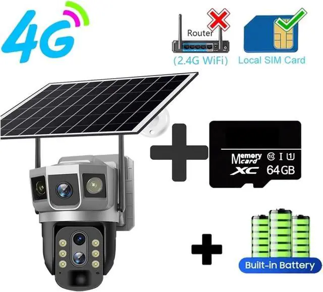 Alt view image 2 of 7 - V380 Pro 12MP 6K Solar Camera 4G Sim Outdoor Three Screens IP Camera PIR Night Vision CCTV Security Protection Monitor(4G Cam Add 64G Card)