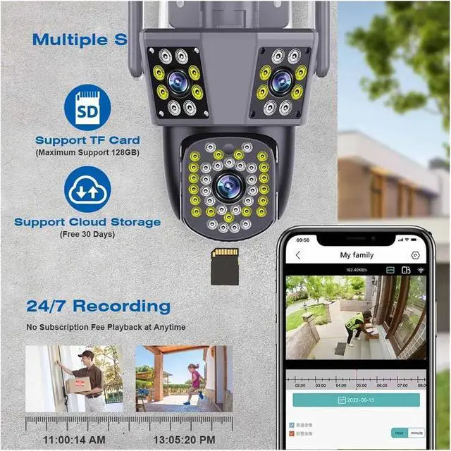 Alt view image 3 of 7 - Outdoor 6K 12MP IP Camera: 3 Lens, 3 Screens, WiFi, Auto Tracking PTZ for Ultimate Surveillance(US Plug,12MP ADD 64G)