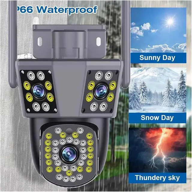 Alt view image 4 of 7 - Outdoor 6K 12MP IP Camera: 3 Lens, 3 Screens, WiFi, Auto Tracking PTZ for Ultimate Surveillance(US Plug,12MP ADD 64G)