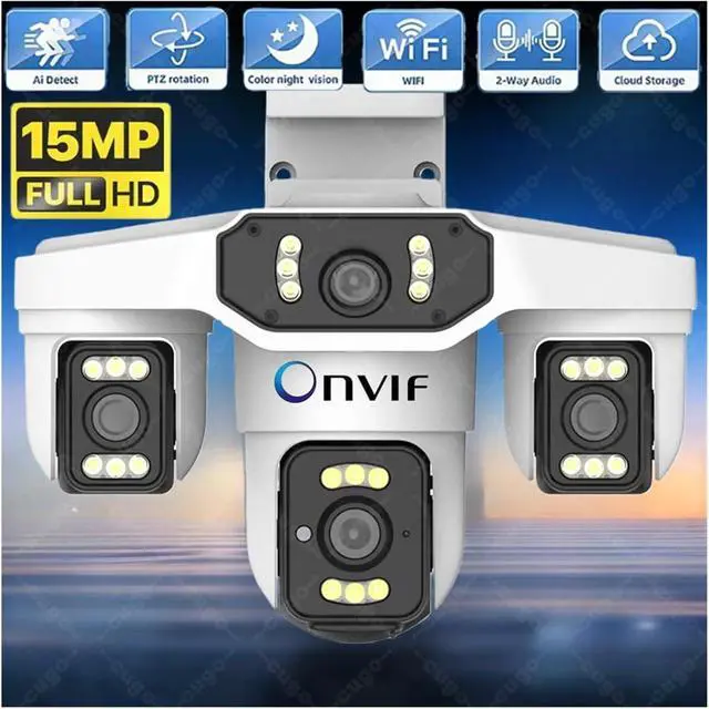 Alt view image 2 of 7 - 8K 15MP 4-Lens 3-Screen Outdoor WiFi Security Cam AI Human Detection Waterproof Onvif CCTV(EU,WiFi)