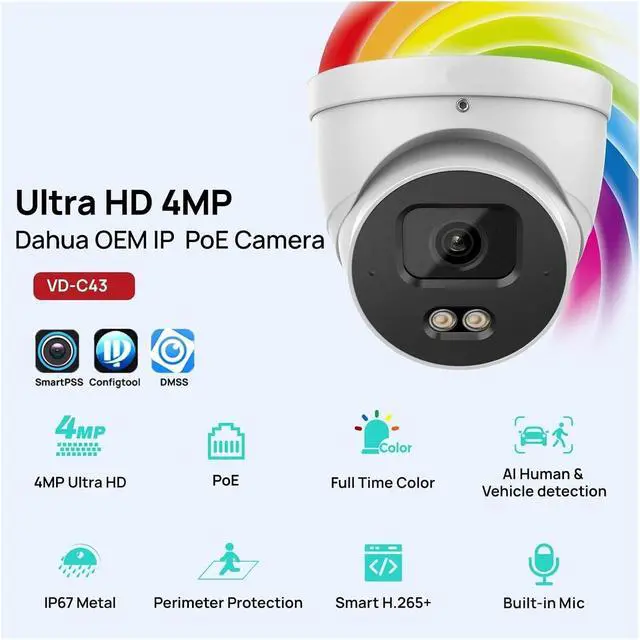 Alt view image 2 of 7 - 4MP Full Color Outdoor Security Camera IP67 Metal Housing IVS Smart Motion Detection Onvif Built-in Mic