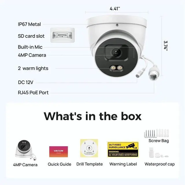 Alt view image 7 of 7 - 4MP Full Color Outdoor Security Camera IP67 Metal Housing IVS Smart Motion Detection Onvif Built-in Mic