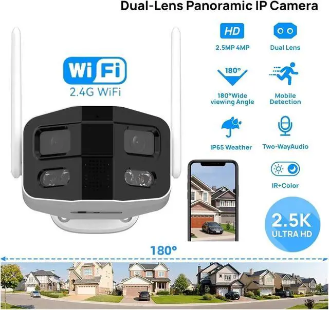 Alt view image 2 of 7 - 4MP 2.5K Dual Lens Outdoor Security IP Camera, Ultra Wide 180° Viewing Angle, Full Color Night Vision, Built-in Siren & Two-Way Talk Surveillance Cam(UK Plug)
