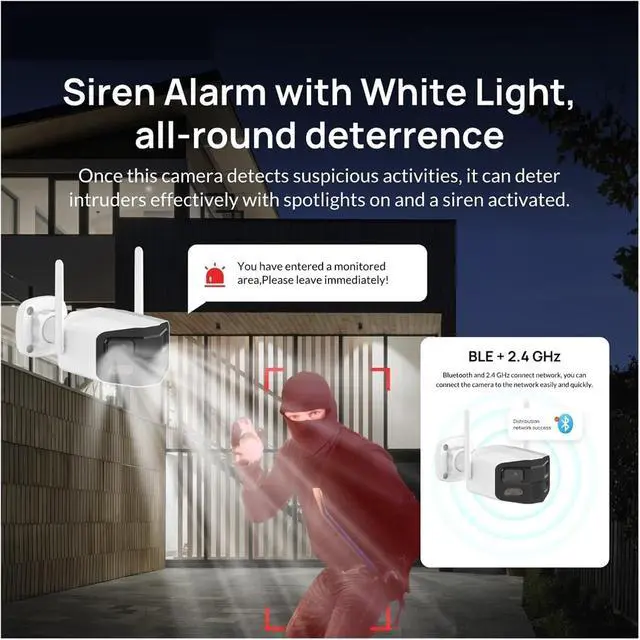 Alt view image 5 of 7 - 4MP 2.5K Dual Lens Outdoor Security IP Camera, Ultra Wide 180° Viewing Angle, Full Color Night Vision, Built-in Siren & Two-Way Talk Surveillance Cam(UK Plug)