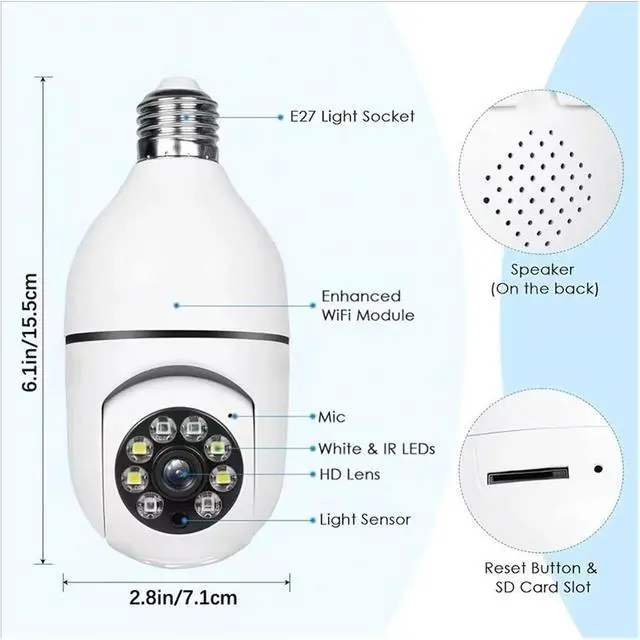 Alt view image 6 of 6 - 360° PTZ Bulb WiFi Security Camera, Wireless Indoor & Outdoor IP Surveillance Monitor with Night Vision Smart Home Security Cam