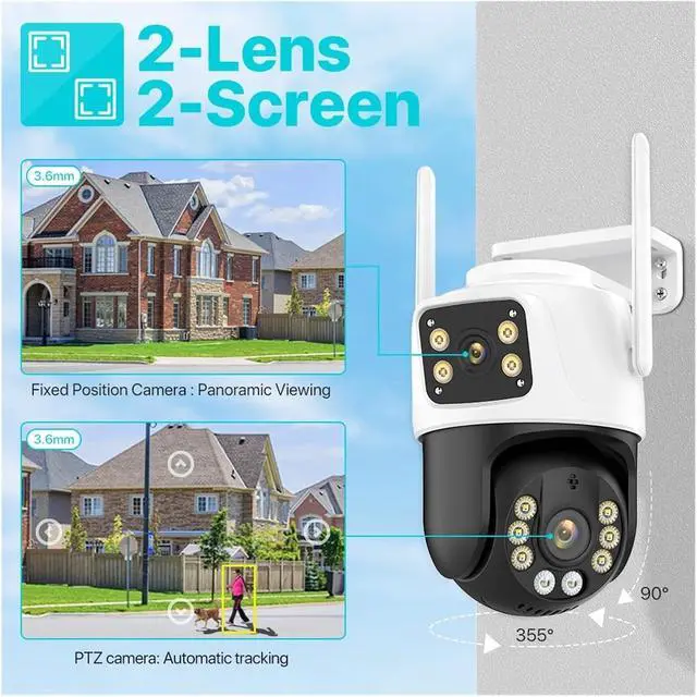 Alt view image 2 of 6 - 4K 8MP HD WiFi PTZ Camera Outdoor 6MP Dual Lens Dual Screen AI Auto Tracking IP Camera CCTV Audio Video Surveillance P2P(US Plug,8MP NO Card)