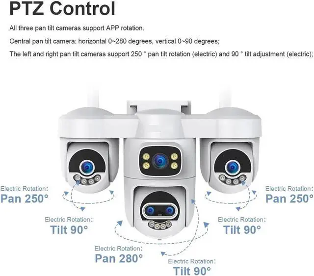 Alt view image 4 of 7 - 20MP 10K 5G WiFi Outdoor Security Camera, 5-Lens 4-Screen Display 10X Zoom 3 PTZ Lens Surveillance Cam(EU Plug,WiFi 10XZoom 64GB)