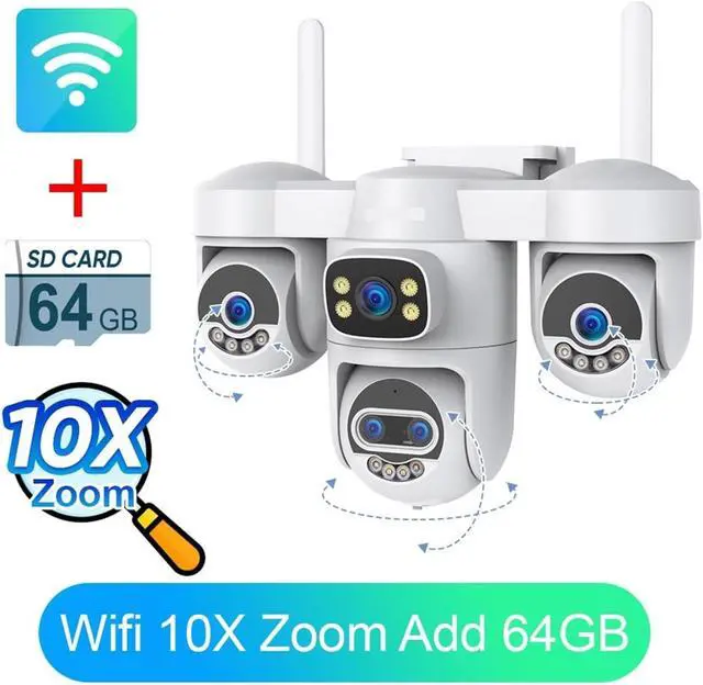 Alt view image 2 of 7 - 20MP 10K 5G WiFi Outdoor Security Camera, 5-Lens 4-Screen Display 10X Zoom 3 PTZ Lens Surveillance Cam(EU Plug,WiFi 10XZoom 64GB)