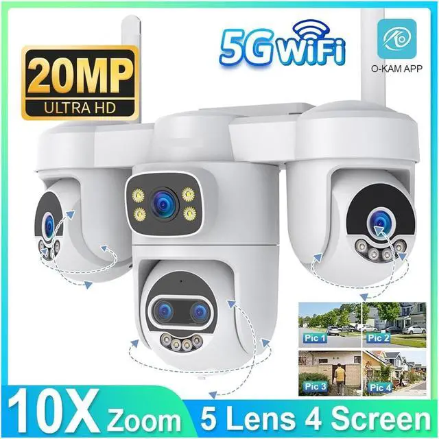 Alt view image 3 of 7 - 20MP 10K 5G WiFi Outdoor Security Camera, 5-Lens 4-Screen Display 10X Zoom 3 PTZ Lens Surveillance Cam(EU Plug,WiFi 10XZoom 64GB)