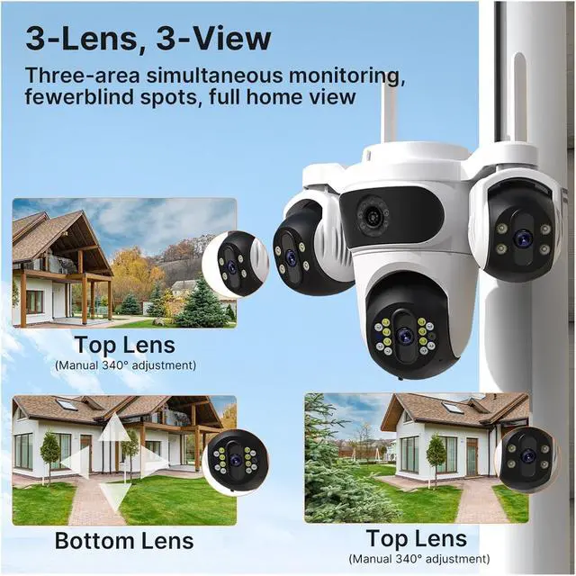 Alt view image 4 of 7 - Three-Screen Three-Lens HD WiFi IP Security Cam Auto Tracking Color Night Vision CCTV iCsee(US Plug,2 Lens)