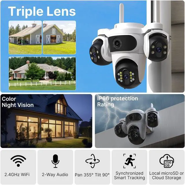 Alt view image 3 of 7 - Three-Screen Three-Lens HD WiFi IP Security Cam Auto Tracking Color Night Vision CCTV iCsee(US Plug,2 Lens)