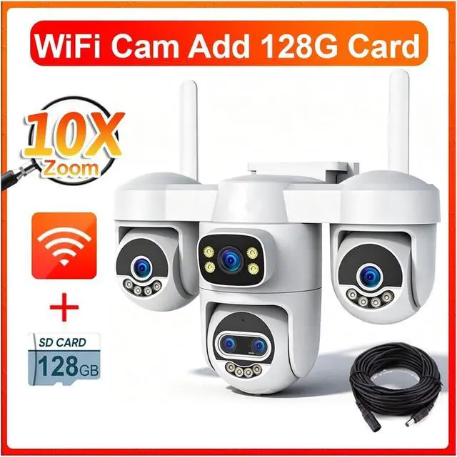 Alt view image 2 of 7 - 20MP 10X Zoom 5-Lens 4-Screen Outdoor WiFi PTZ Security Cam Auto Tracking with 5m Power Cable(EU,WiFi Cam add 128GB)
