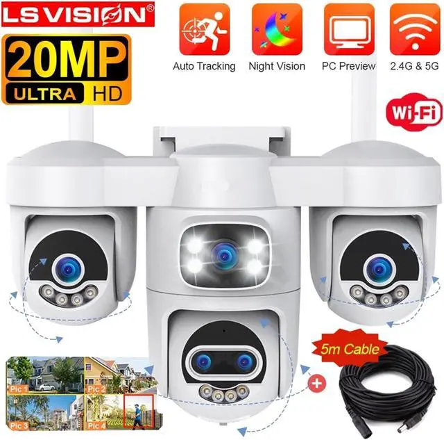 Alt view image 3 of 7 - 20MP 10X Zoom 5-Lens 4-Screen Outdoor WiFi PTZ Security Cam Auto Tracking with 5m Power Cable(EU,WiFi Cam add 128GB)