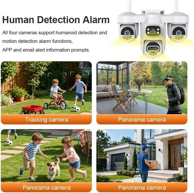 Alt view image 5 of 7 - 20MP 10X Zoom 5-Lens 4-Screen Outdoor WiFi PTZ Security Cam Auto Tracking with 5m Power Cable(EU,WiFi Cam add 128GB)
