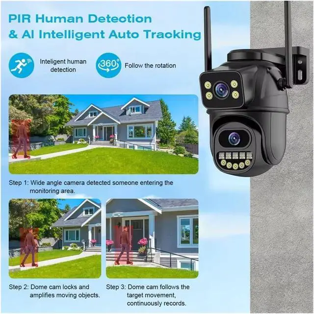 Alt view image 5 of 7 - 4K 8MP Dual Lens WiFi PTZ Security Camera, AI Human Detection, 4X Digital Zoom Outdoor Surveillance IP Cam(UK,10MP NO Card White)