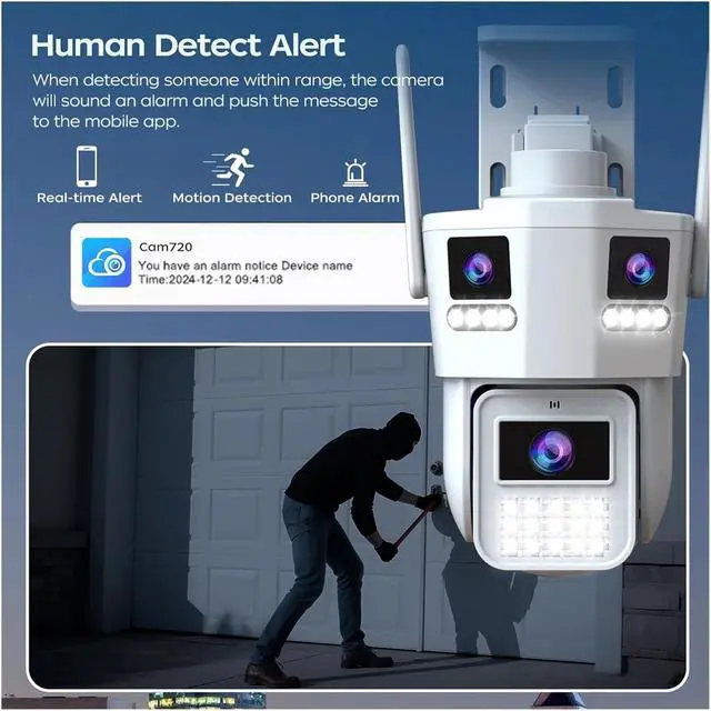 Alt view image 3 of 6 - 15MP Three-Lens PTZ Outdoor Security Camera, Triple Split Screen Display, Dual Band 5G WiFi, Night Vision & AI Auto Tracking CCTV Surveillance Camera(US Plug_6MP CAM)