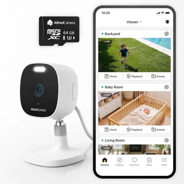 Main image of AlfredCam Plus 2 Smart Home Security Camera 2.5K, WiFi 2.4 & 5GHz, Indoor/Outdoor, IP65 Waterproof, LED Spotlight, Two-Way Audio, Color Night Vision, Baby/Pet Cam, App Powered (100M+ downloads)