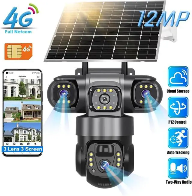 Alt view image 2 of 7 - V380 Solar 4G IP Camera Outdoor 12MP 6K Triple Lenses Triple Screens Security Video Monitor Night Vision Waterproof CCTV Cameras(4G Camera only)