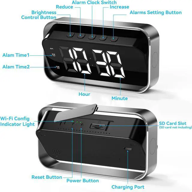 Alt view image 7 of 7 - 4K FHD Security Mini Camera Alarm Clock, 2.4G&5G WiFi Nanny Cam with Night Vision and Motion Detection Alert, Wide Angle Surveillance Camera for Pet Baby Monitoring, APP Remote Control by Mobile Phone
