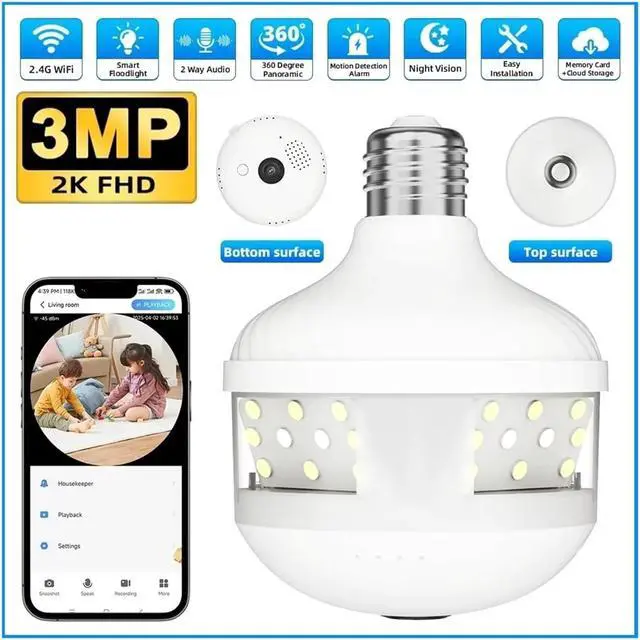 Alt view image 3 of 7 - 6MP E27 Bulb WiFi Security Camera with Spotlight, Full Color Night Vision, Two-Way Audio, 360° Panoramic Wireless Surveillance Camera(Camera add 128G Card)